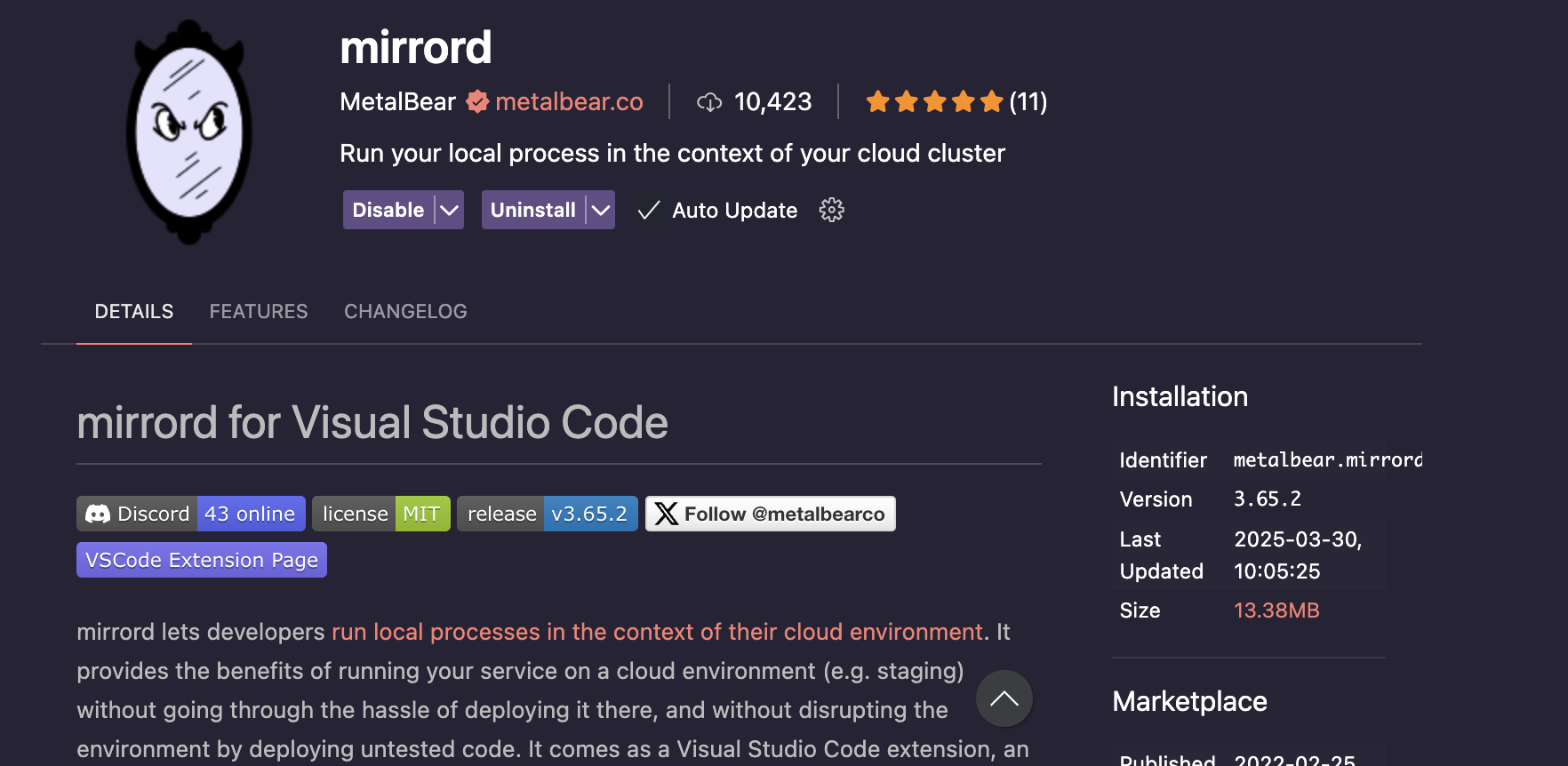 mirrord extension on VS code